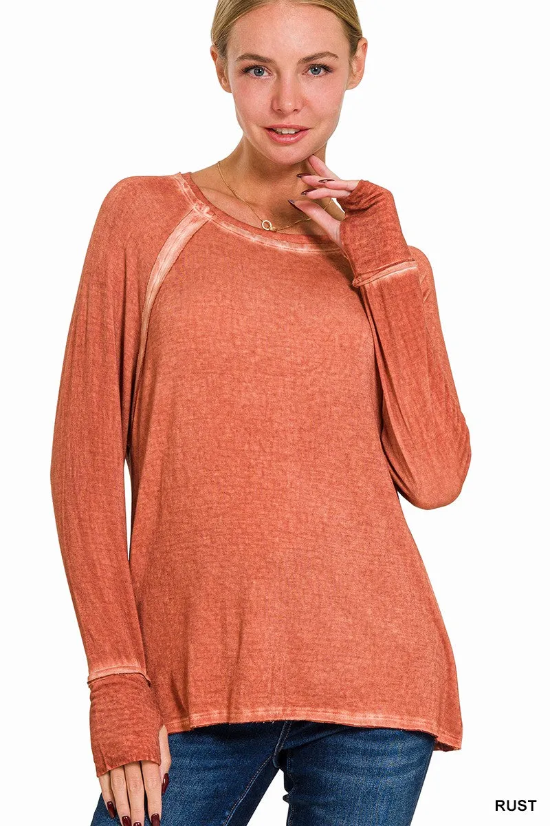 WASHED THUMB HOLE CUFFS SCOOP-NECK LONG SLEEVE TOP