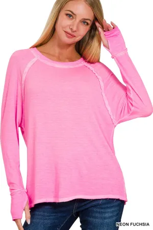 WASHED THUMB HOLE CUFFS SCOOP-NECK LONG SLEEVE TOP