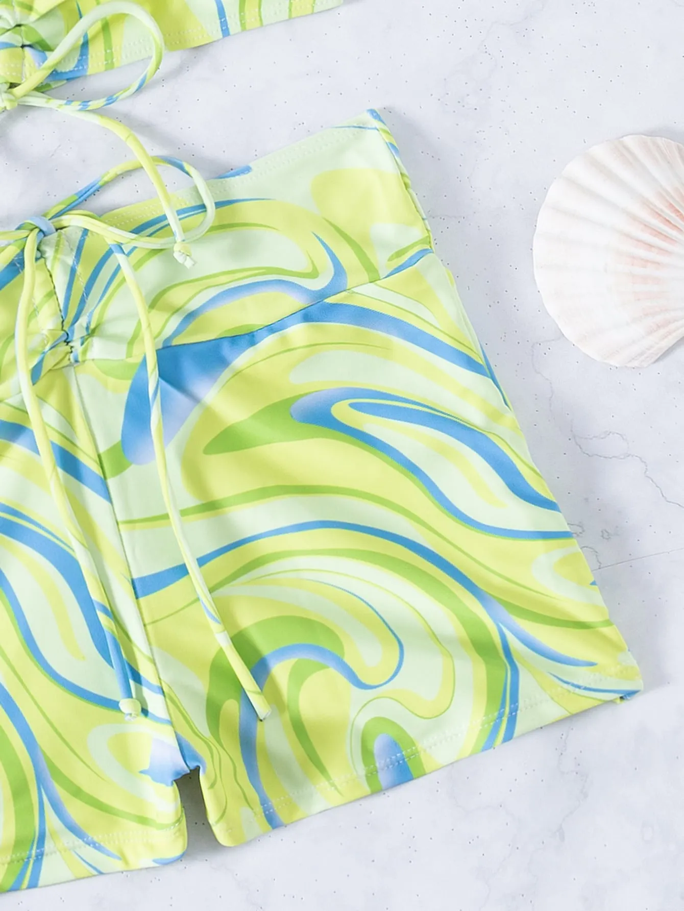 Wave Pattern Halter Shorts Bikini Swimsuit