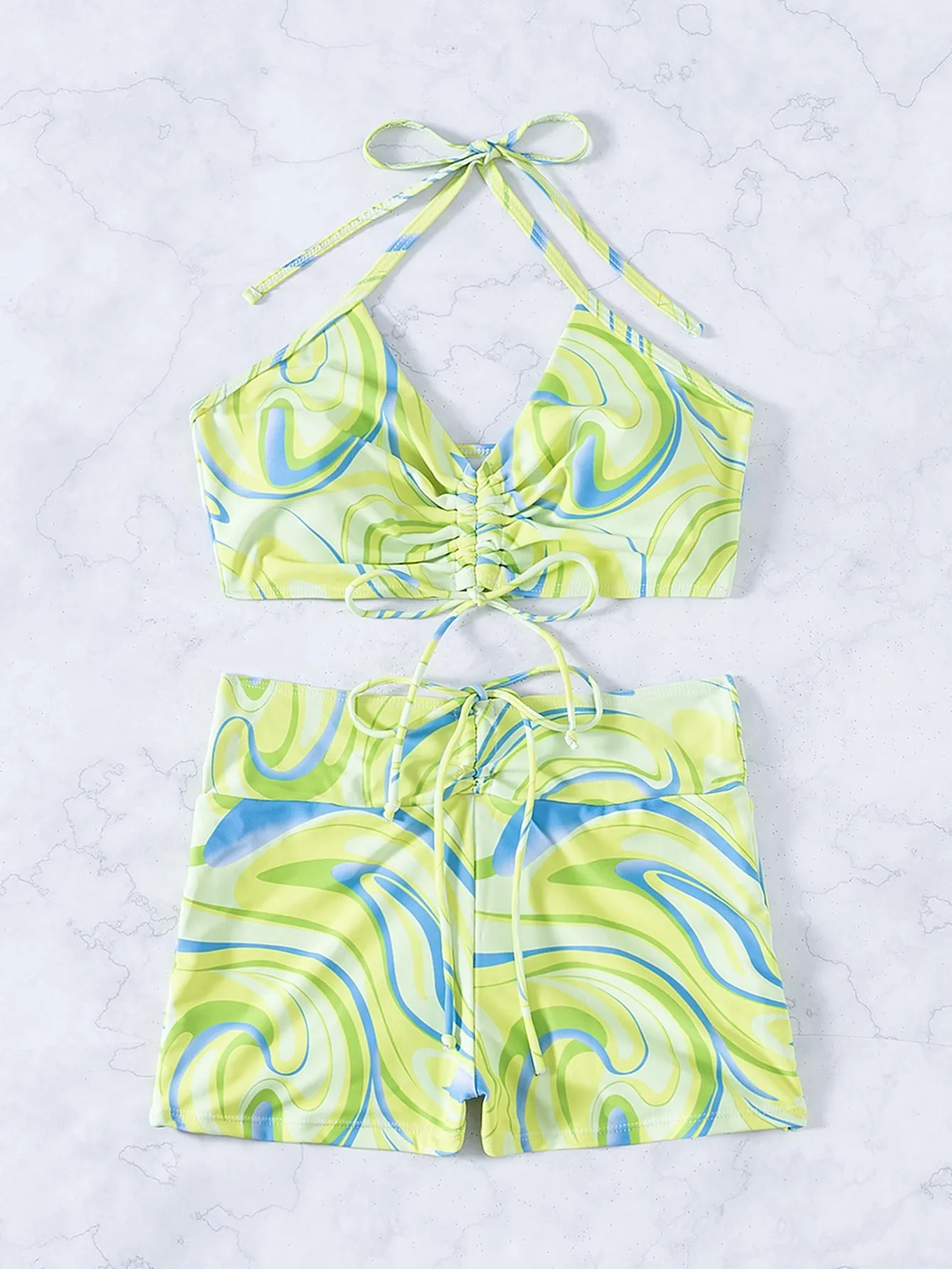 Wave Pattern Halter Shorts Bikini Swimsuit
