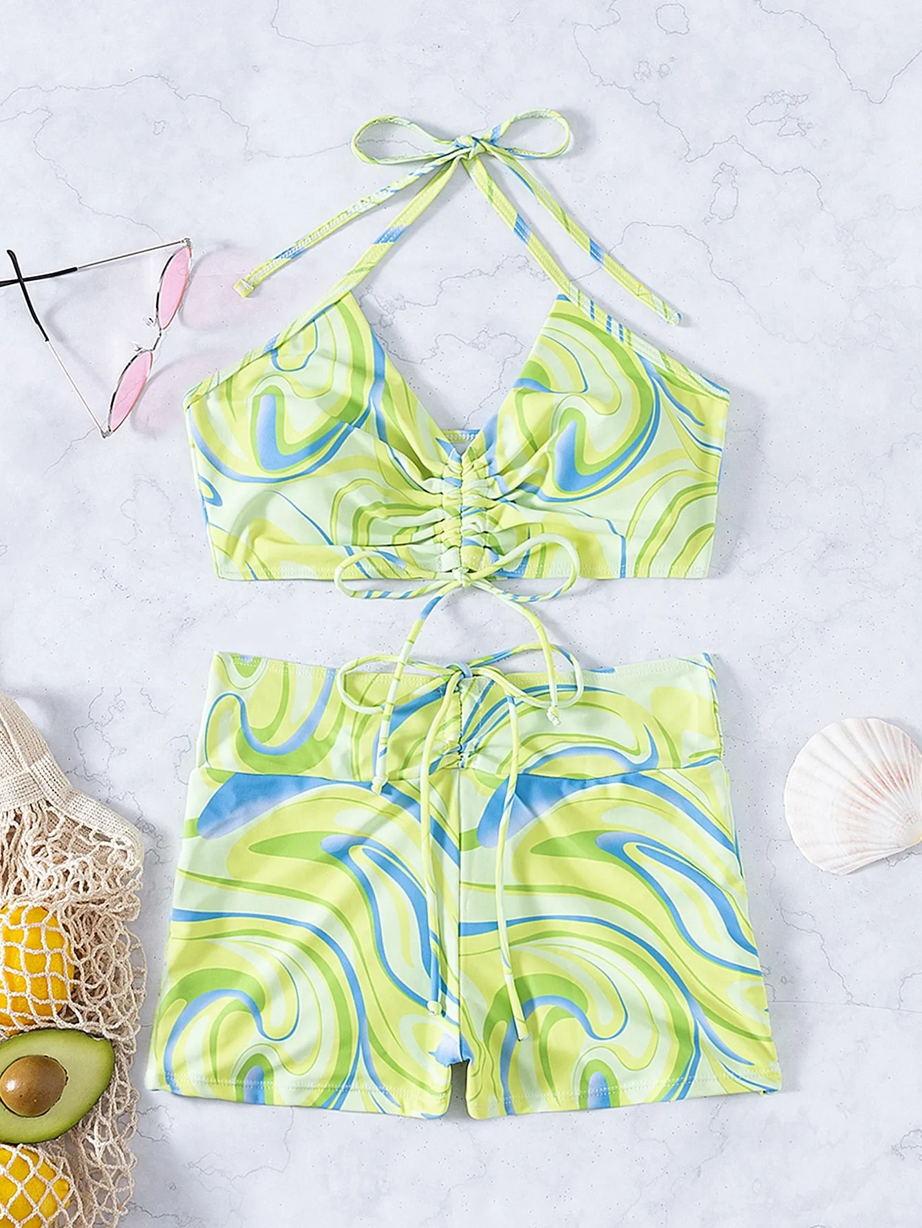 Wave Pattern Halter Shorts Bikini Swimsuit