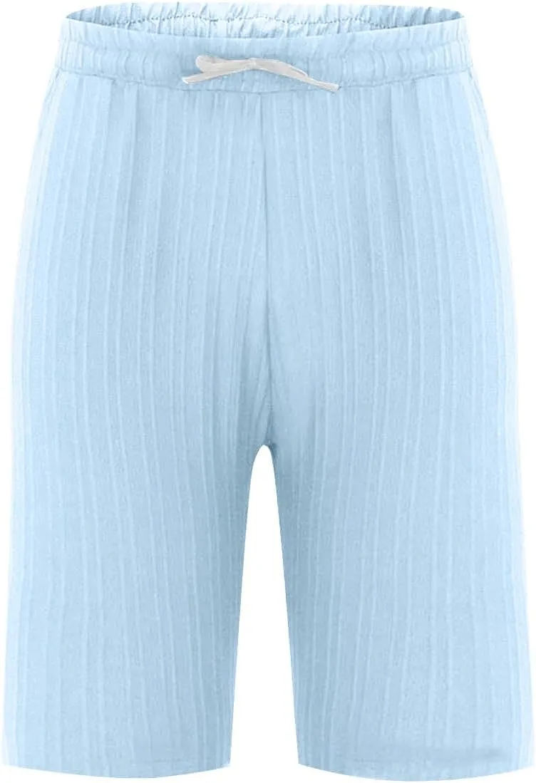 WENKOMG1 Cotton Linen Shorts for Men, Textured Lightweight Summer Shorts Elastic Waist Drawstring Solid Beach Shorts