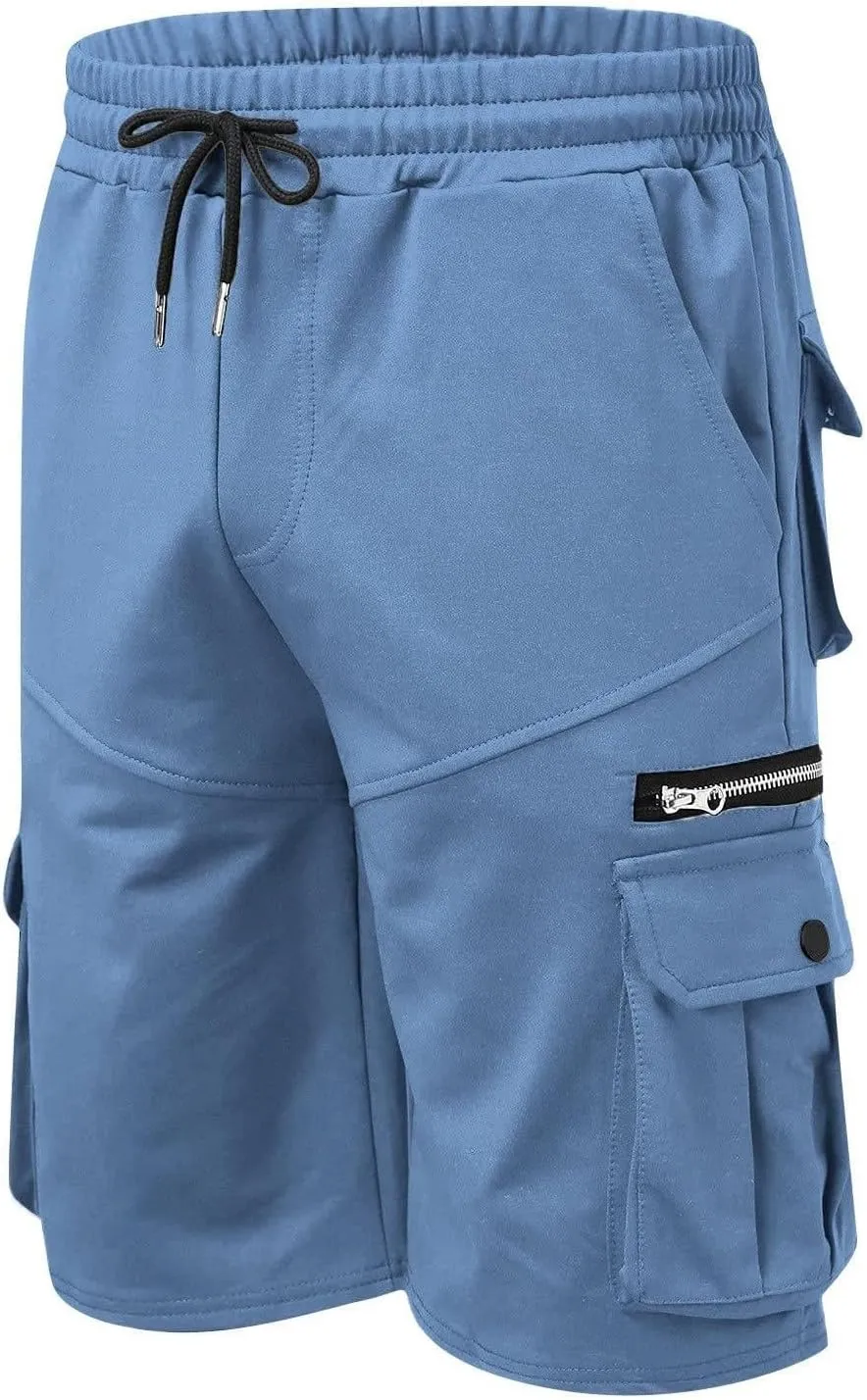 WENKOMG1 Mens Tactical Shorts Elastic Waist Drawstring Ankle Length Cargo Shorts Solid SweatShorts with Multi Pockets