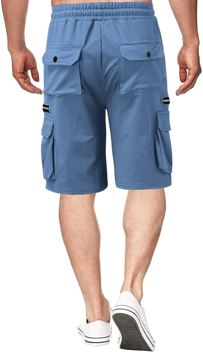 WENKOMG1 Mens Tactical Shorts Elastic Waist Drawstring Ankle Length Cargo Shorts Solid SweatShorts with Multi Pockets