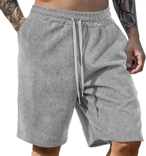 WENKOMG1 Waffle Shorts for Men Knitted Elastic Waist Drawstring Casual Shorts Breathable Solid Color Lounge Wear