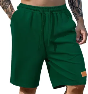 WENKOMG1 Waffle Shorts for Men Knitted Elastic Waist Drawstring Casual Shorts Breathable Solid Color Lounge Wear