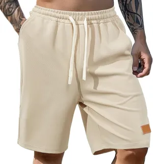 WENKOMG1 Waffle Shorts for Men Knitted Elastic Waist Drawstring Casual Shorts Breathable Solid Color Lounge Wear