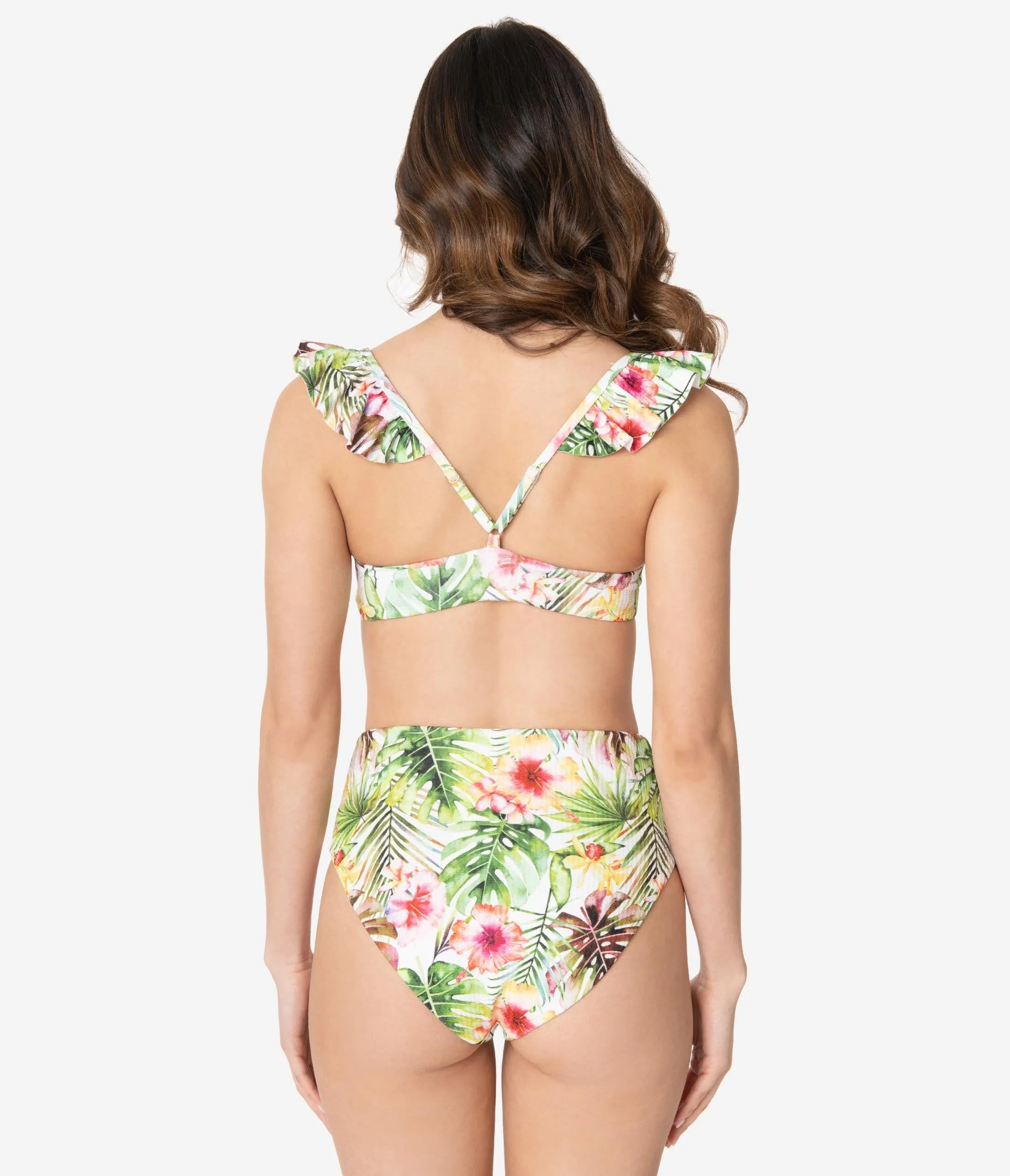 White & Green Tropical Print Two Piece Swim Set