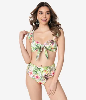 White & Green Tropical Print Two Piece Swim Set