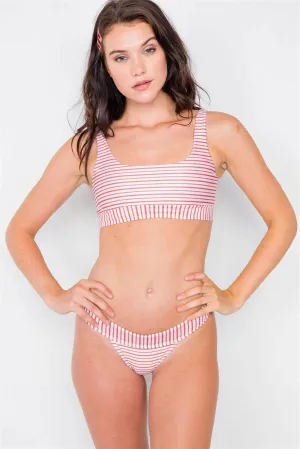 White & Red Striped Square Neckline Two Piece Bikini Set / 1-1-1