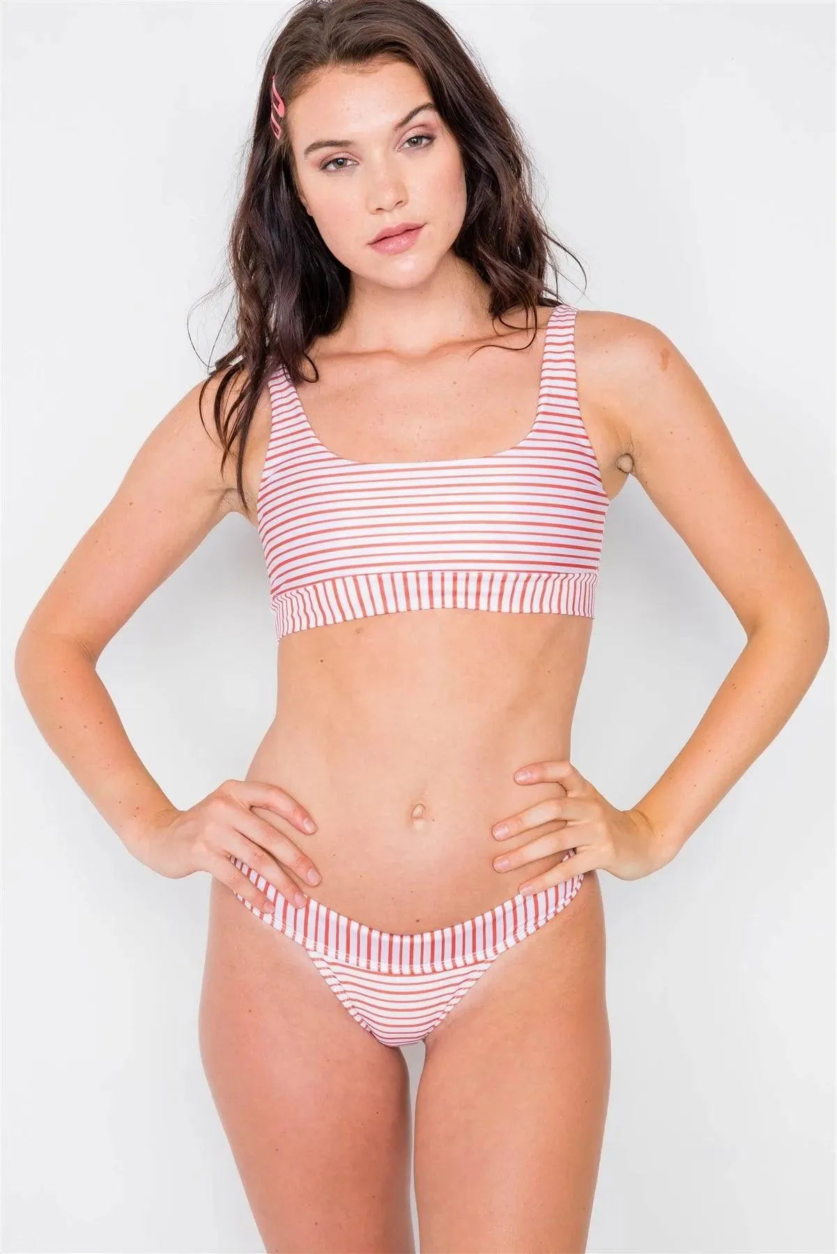 White & Red Striped Square Neckline Two Piece Bikini Set / 1-1-1