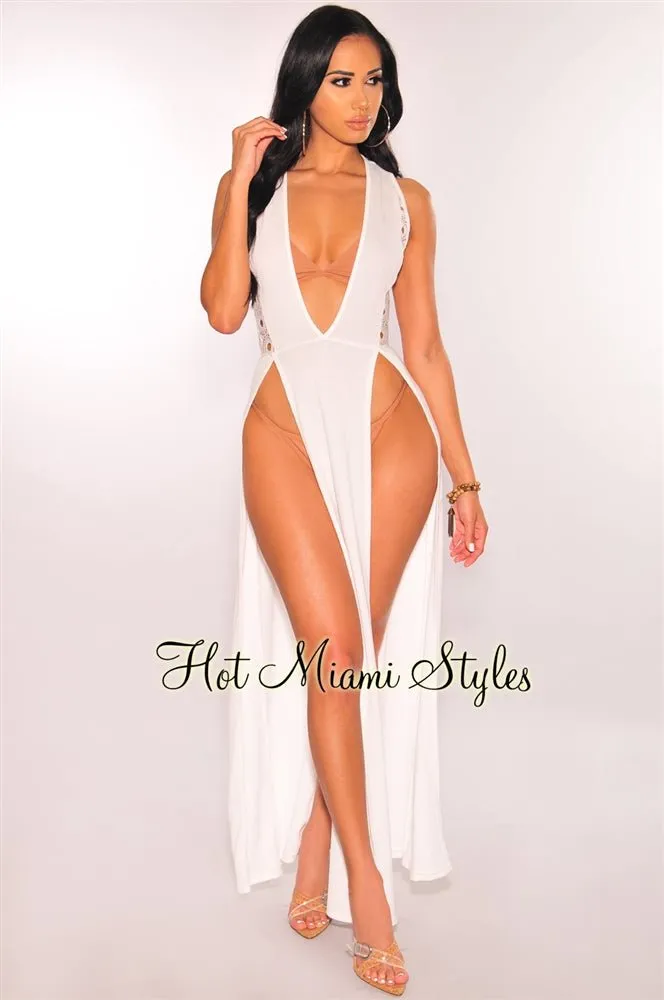 White Crochet Double Slit Cover Up Maxi Dress