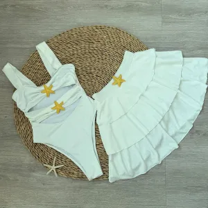 White Cutout One Piece Swimsuit with Playful Skirt