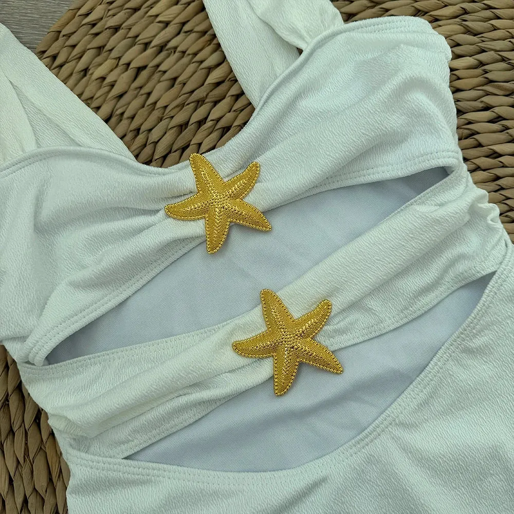 White Cutout One Piece Swimsuit with Playful Skirt