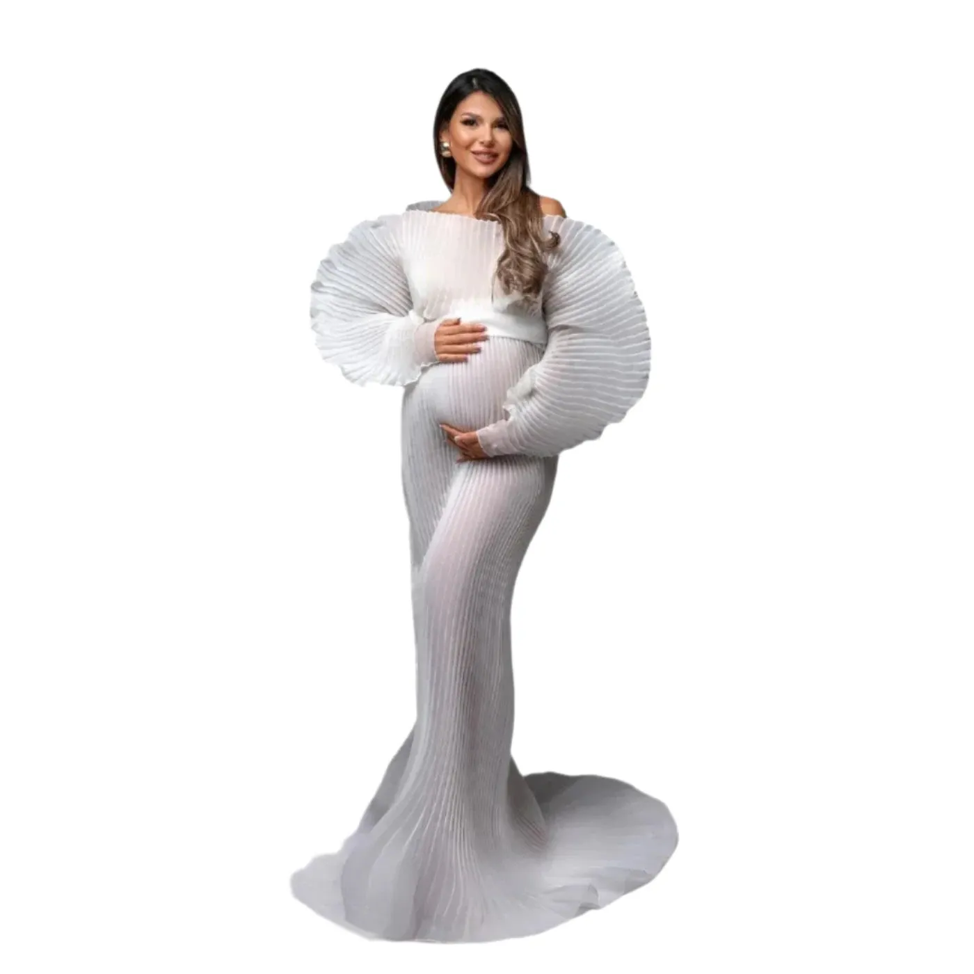 White Puff Sleeve Pleated Maternity Dress