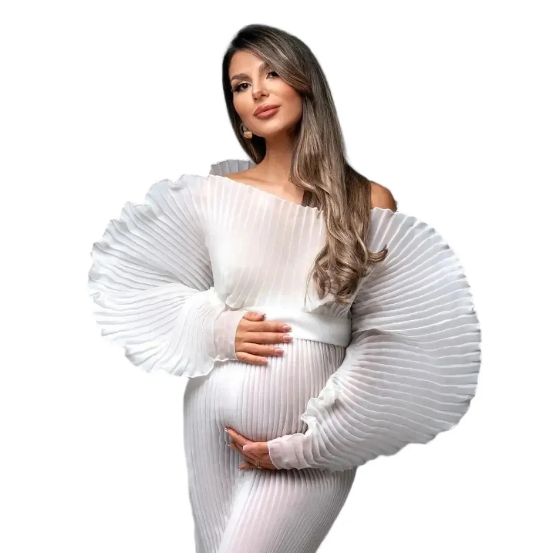 White Puff Sleeve Pleated Maternity Dress