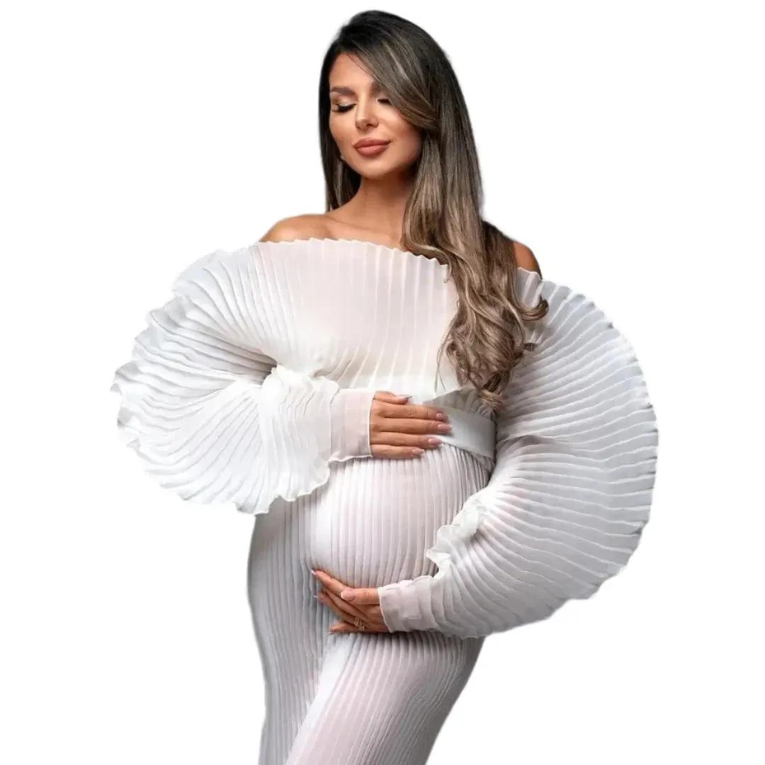 White Puff Sleeve Pleated Maternity Dress