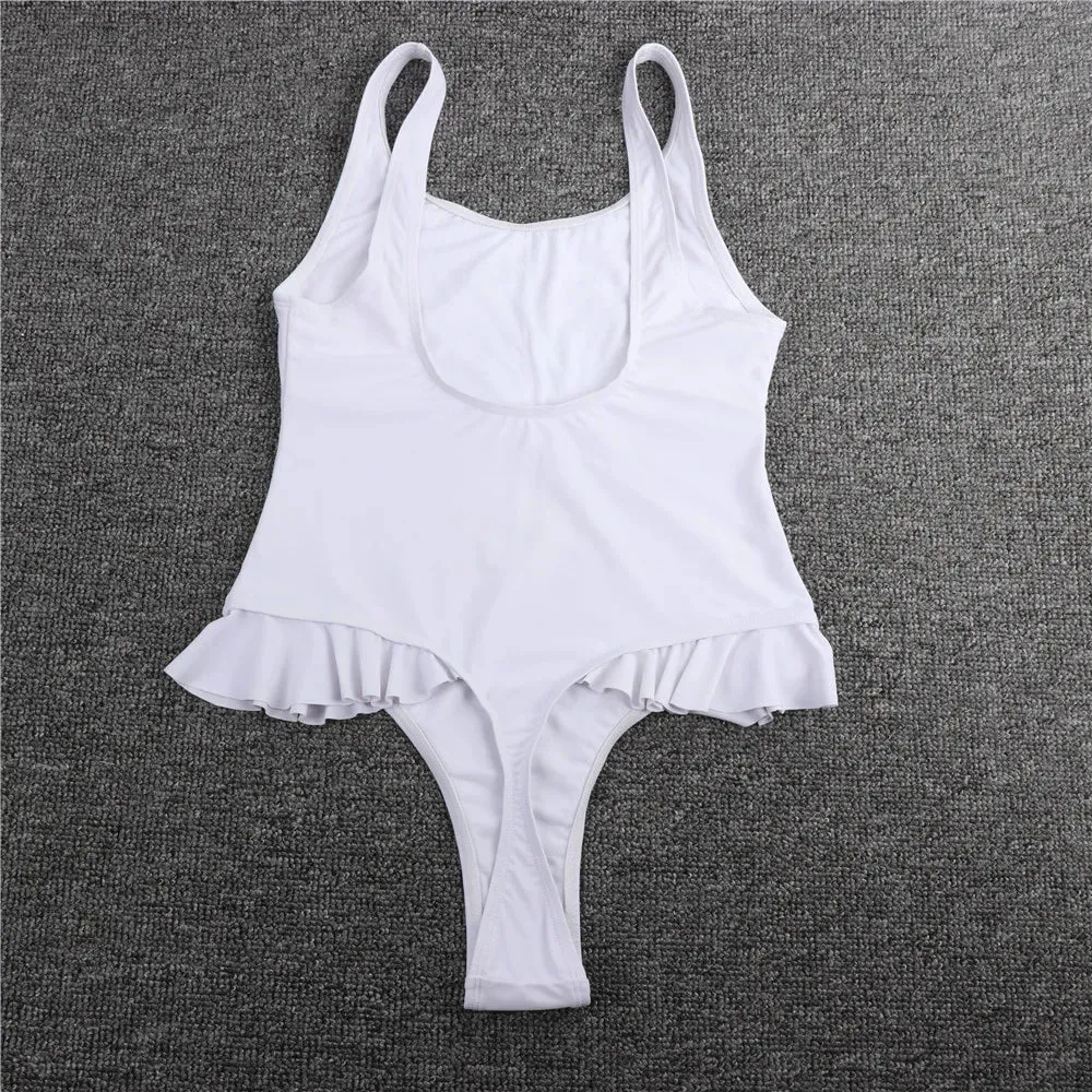 White Ruffled Swimsuit Brazilian One Piece Swimwear
