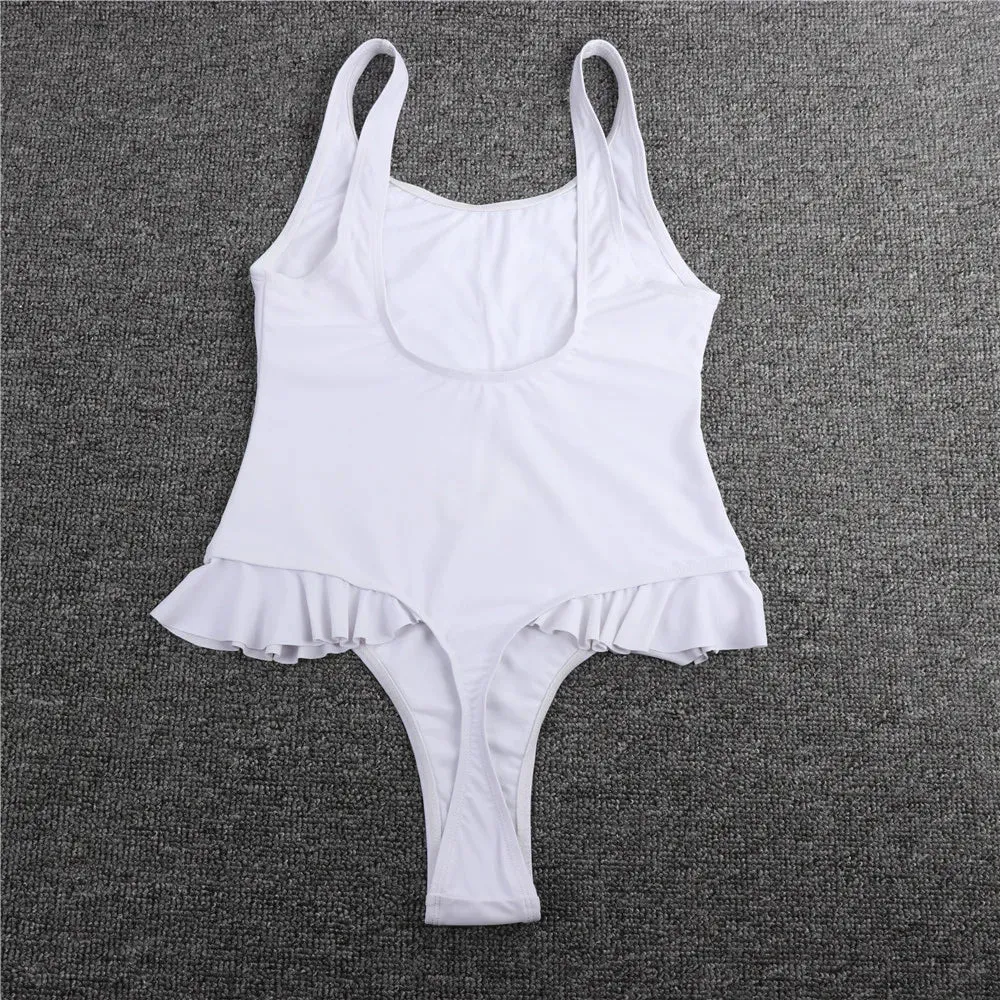 White Ruffled Swimsuit Brazilian One Piece Swimwear