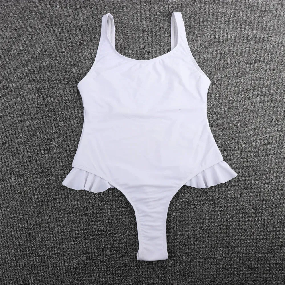 White Ruffled Swimsuit Brazilian One Piece Swimwear