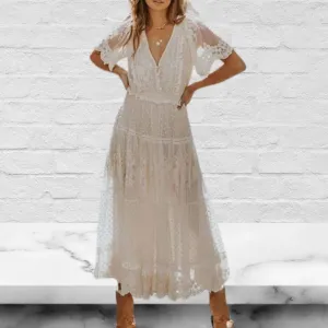 White V-Neck Short Sleeves Lace Applique Floor Length Maxi Dress