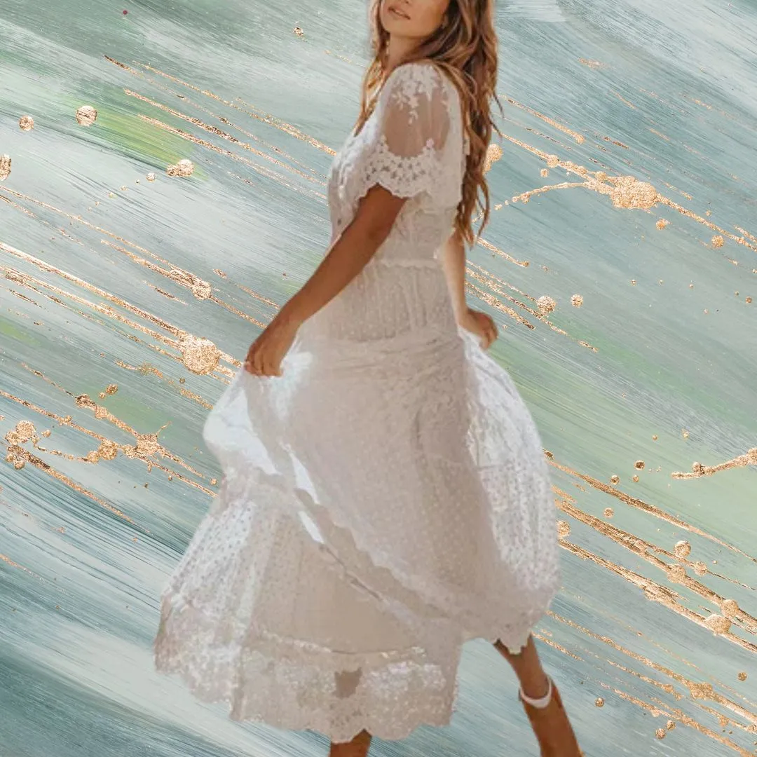 White V-Neck Short Sleeves Lace Applique Floor Length Maxi Dress
