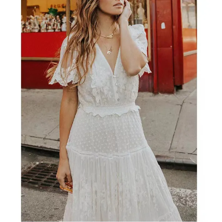 White V-Neck Short Sleeves Lace Applique Floor Length Maxi Dress