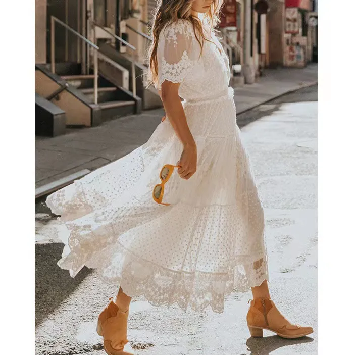 White V-Neck Short Sleeves Lace Applique Floor Length Maxi Dress