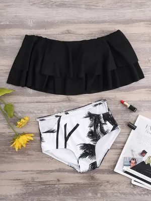Wholesale Black Bateau Short Sleeve Ruffle Trim Bikinis