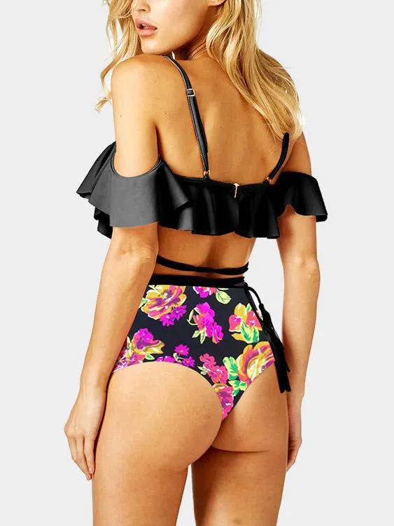 Wholesale Black Cold Shoulder Sleeveless Floral Print Bodycon Bikinis