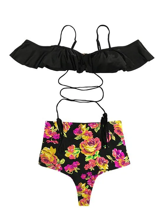 Wholesale Black Cold Shoulder Sleeveless Floral Print Bodycon Bikinis