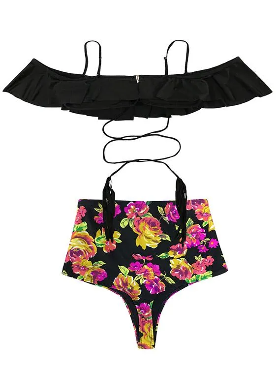 Wholesale Black Cold Shoulder Sleeveless Floral Print Bodycon Bikinis