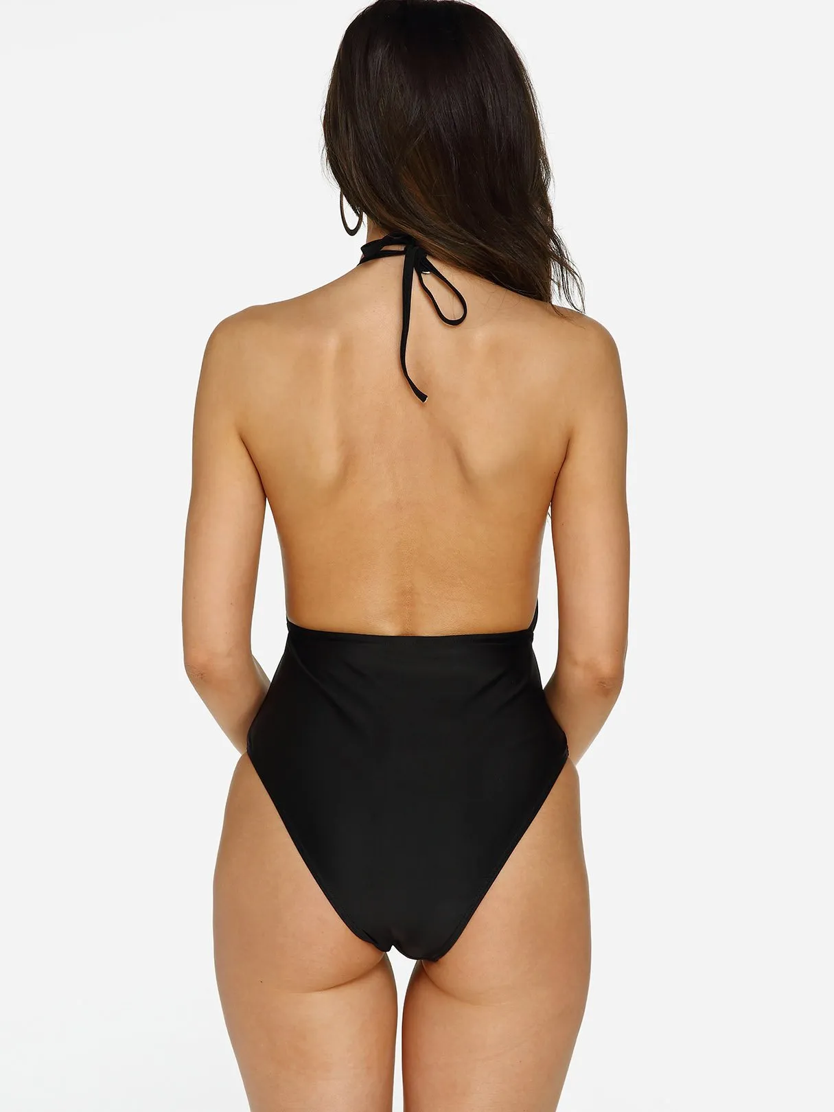 Wholesale Black Halter Deep V Neck Sleeveless Plain Backless Cut Out Bikinis