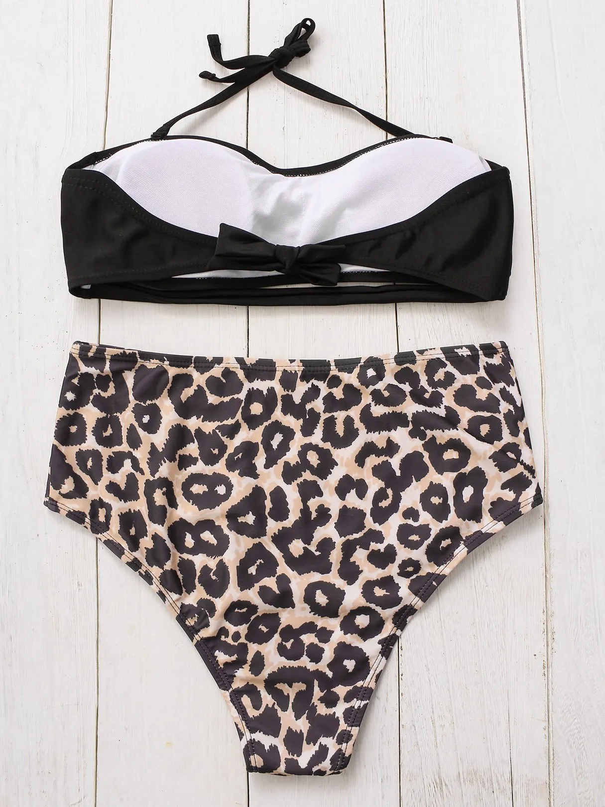 Wholesale Black Halter Off The Shoulder Sleeveless Leopard Tie-Up Bikinis
