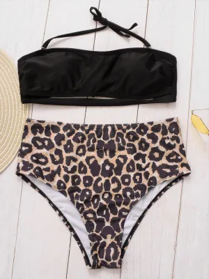 Wholesale Black Halter Off The Shoulder Sleeveless Leopard Tie-Up Bikinis