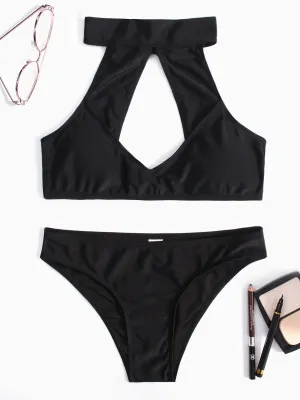 Wholesale Black Halter Plain Cut Out Self-Tie Two Piece Bikinis