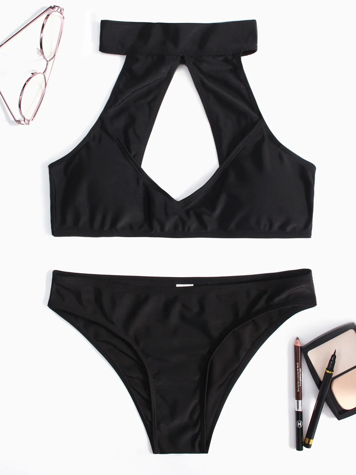 Wholesale Black Halter Plain Cut Out Self-Tie Two Piece Bikinis