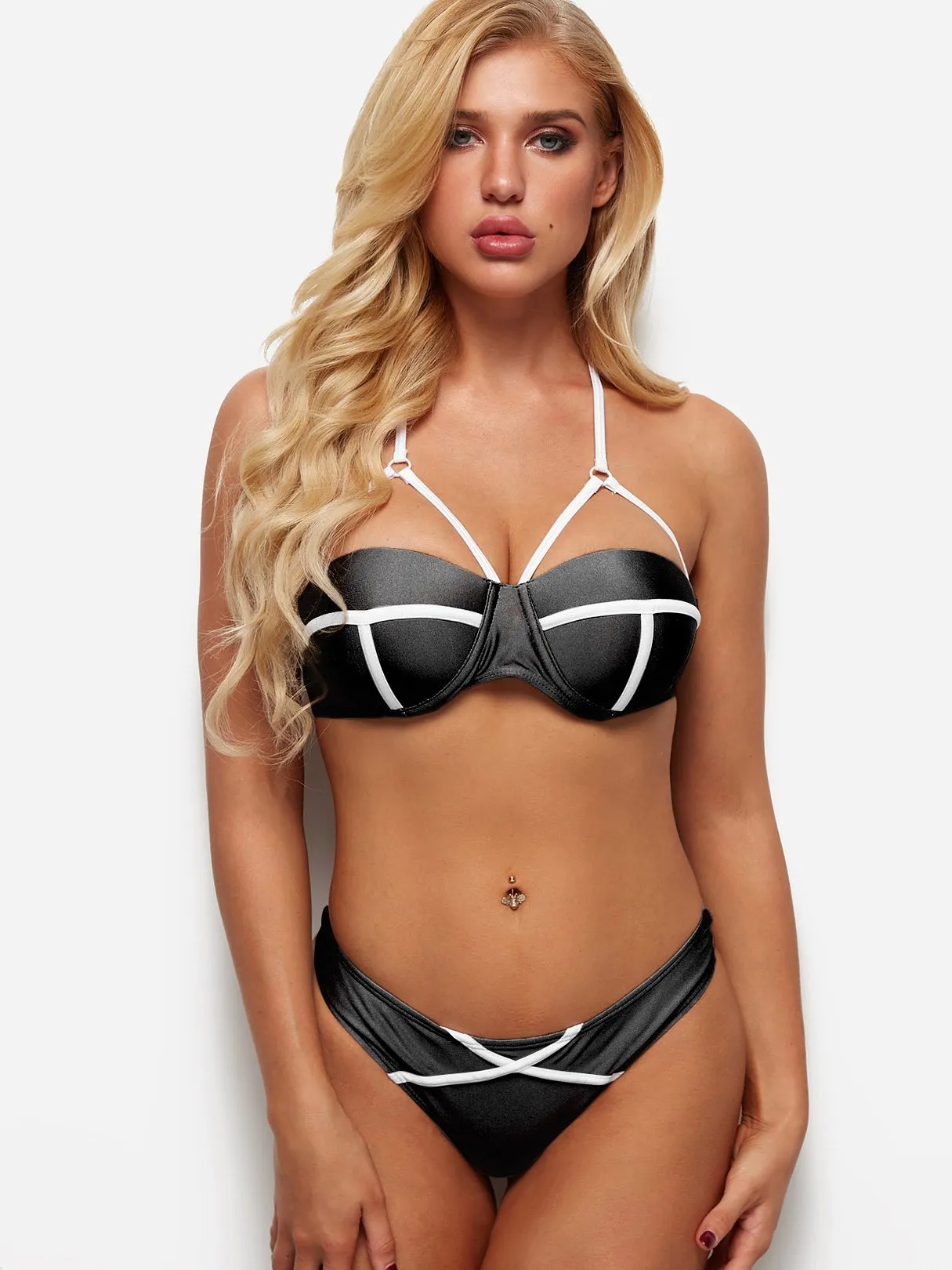 Wholesale Black Halter Plain Self-Tie Bikini