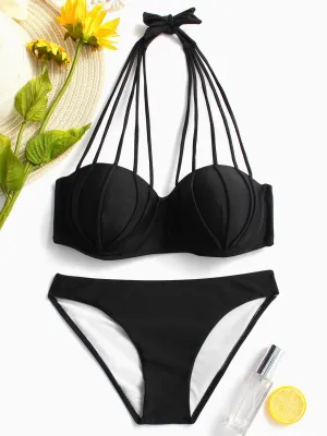 Wholesale Black Halter Sleeveless Backless Bikinis
