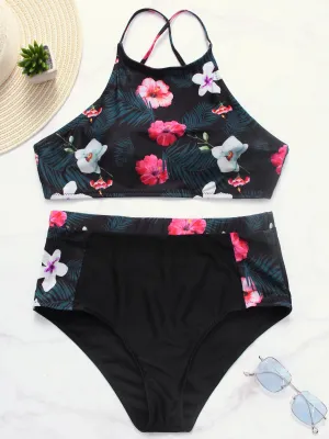 Wholesale Black Halter Sleeveless Floral Print Two Piece Bikinis