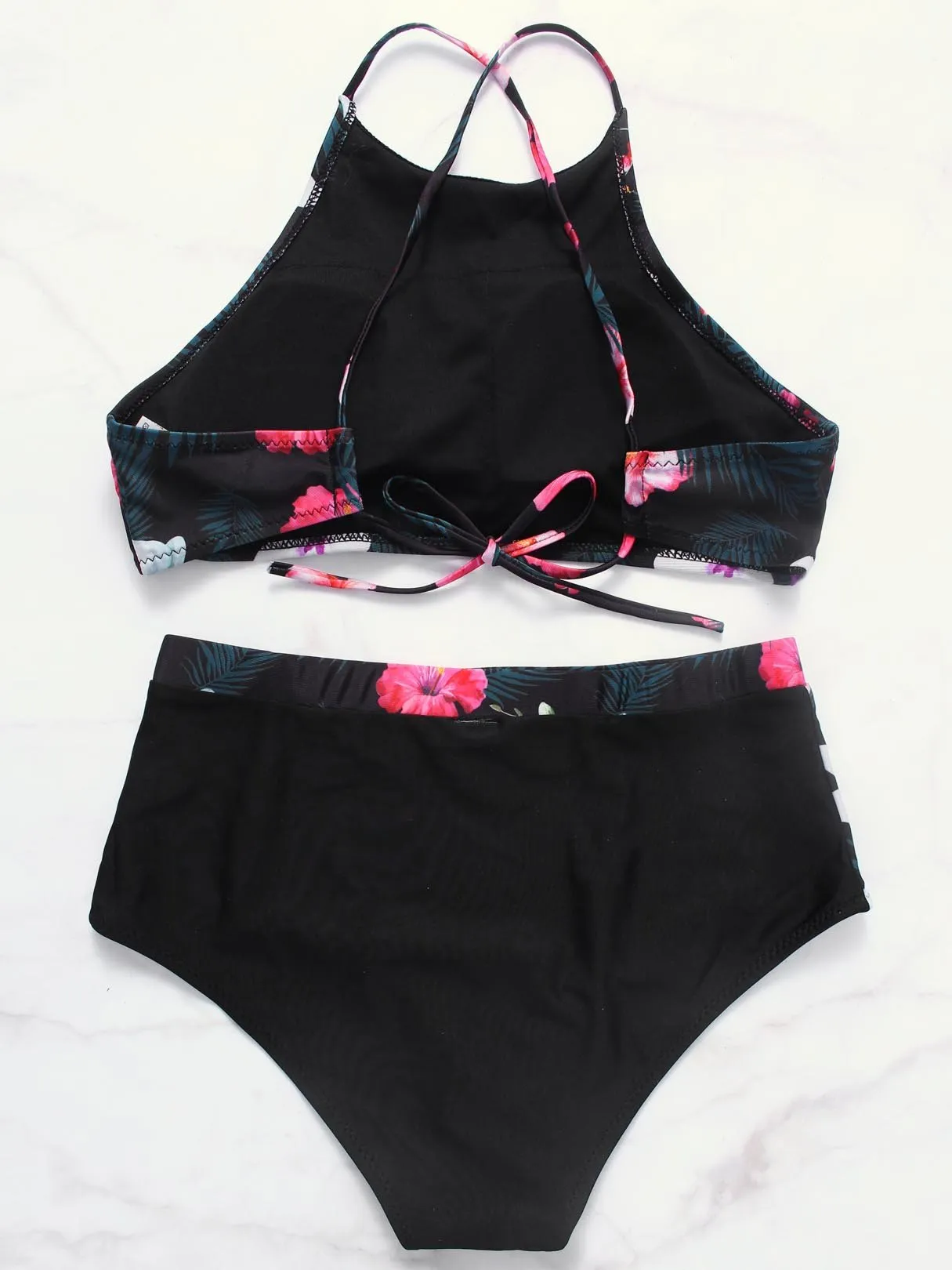 Wholesale Black Halter Sleeveless Floral Print Two Piece Bikinis