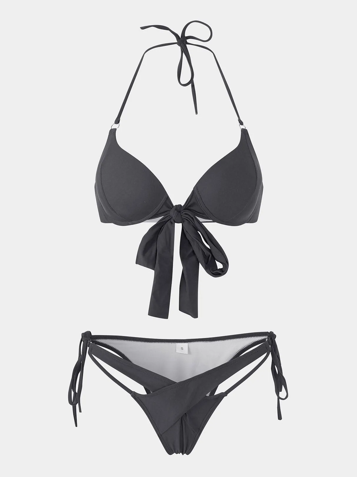 Wholesale Black Halter Sleeveless Plain Crossed Front Tie-Up Two Piece Bikinis