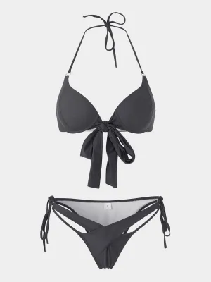 Wholesale Black Halter Sleeveless Plain Crossed Front Tie-Up Two Piece Bikinis