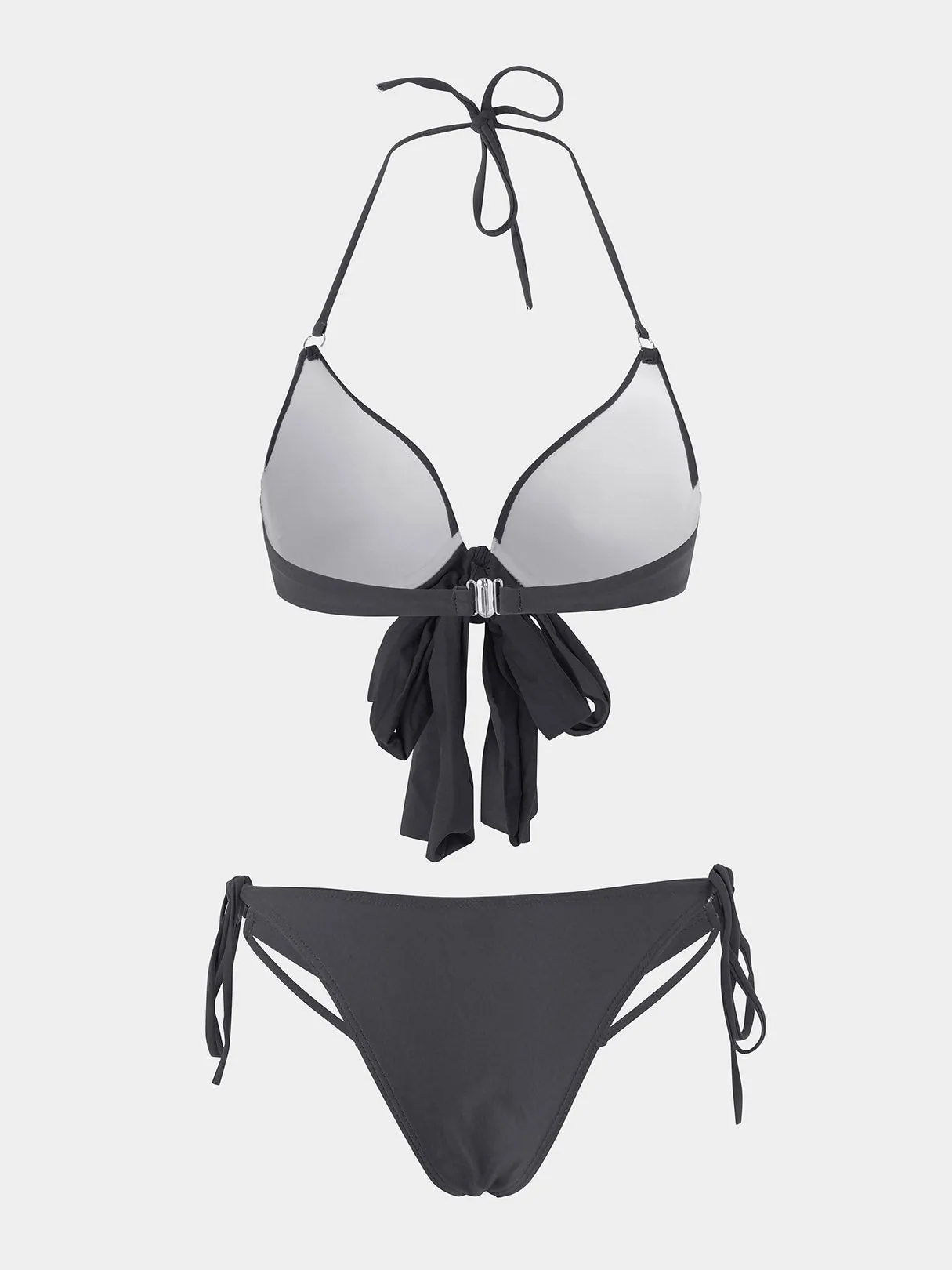 Wholesale Black Halter Sleeveless Plain Crossed Front Tie-Up Two Piece Bikinis