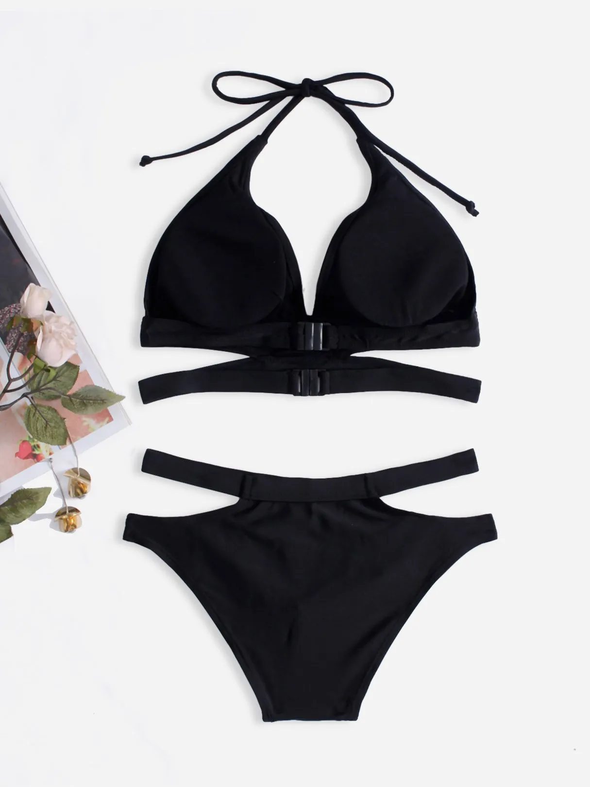 Wholesale Black Halter Sleeveless Plain Hollow Bikini Set