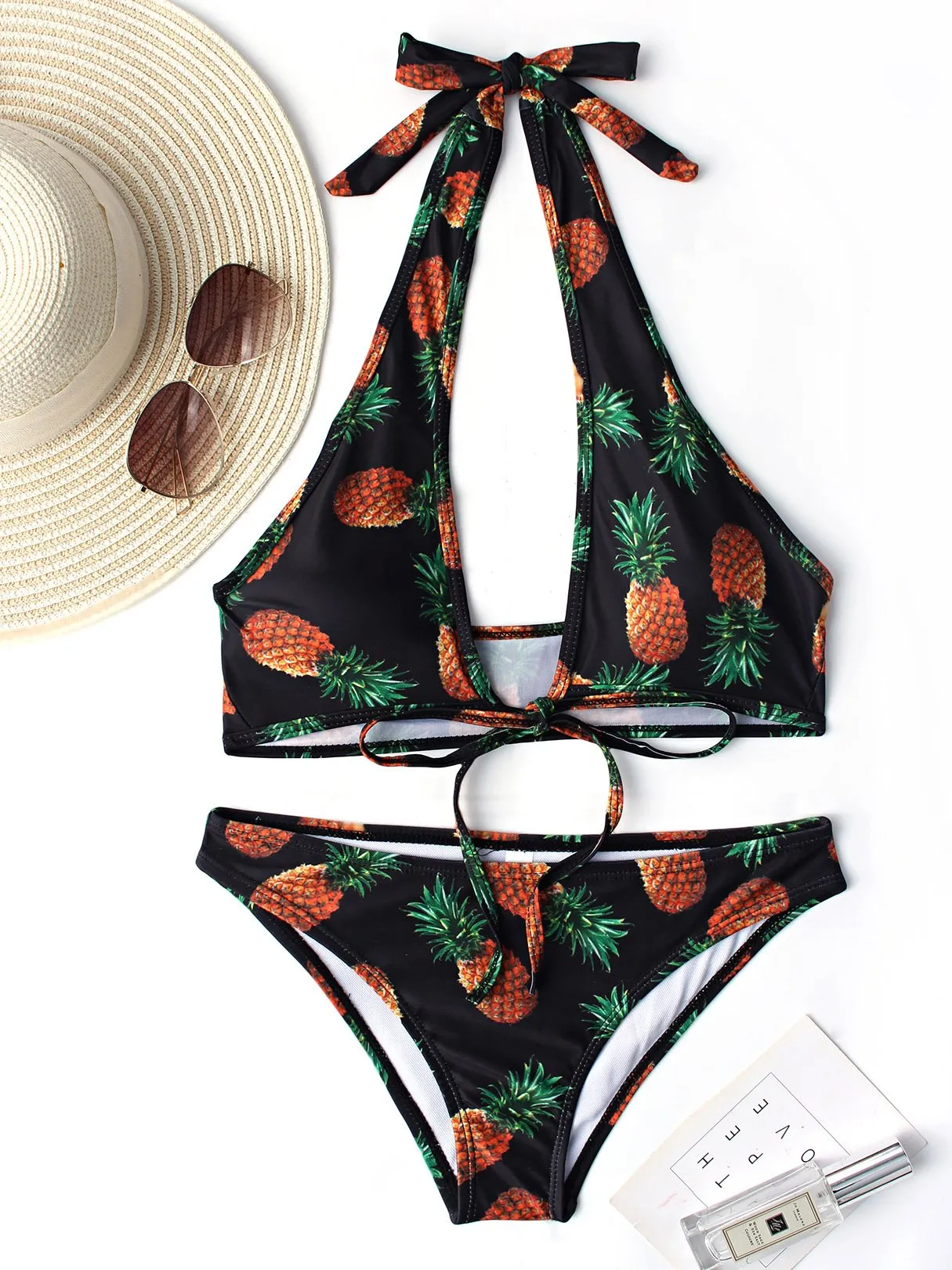 Wholesale Black Halter Sleeveless Printed Backless Two Piece Bikinis