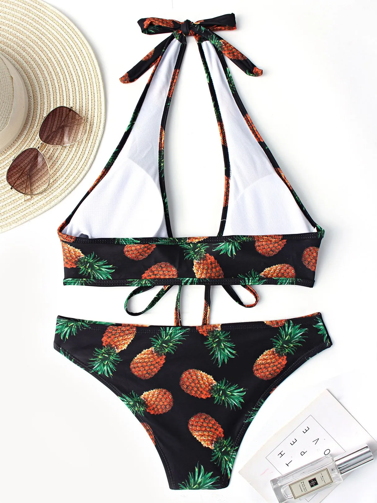 Wholesale Black Halter Sleeveless Printed Backless Two Piece Bikinis