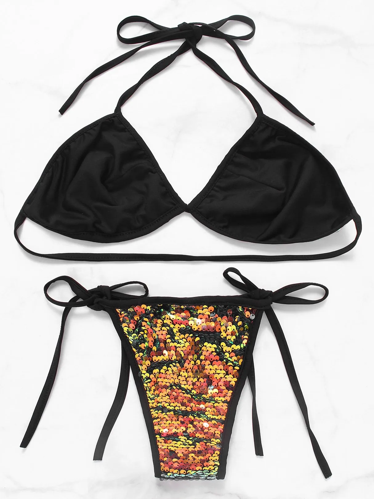 Wholesale Black Halter V-Neck Sleeveless Fantasy Colour Sequins Embellished Tie-Up Bikinis