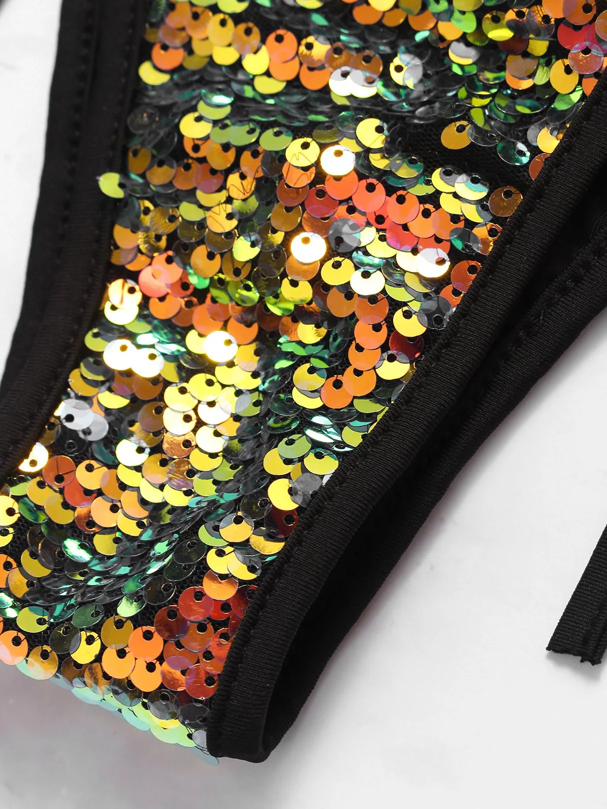 Wholesale Black Halter V-Neck Sleeveless Fantasy Colour Sequins Embellished Tie-Up Bikinis