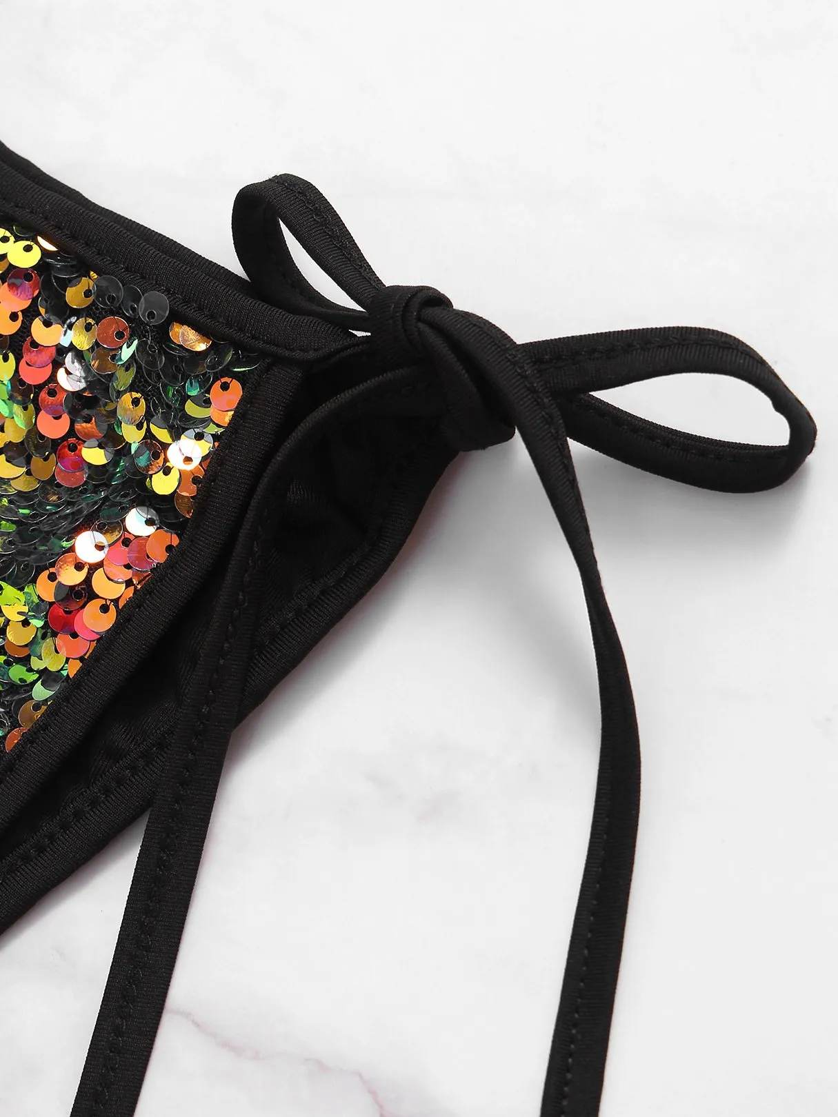 Wholesale Black Halter V-Neck Sleeveless Fantasy Colour Sequins Embellished Tie-Up Bikinis